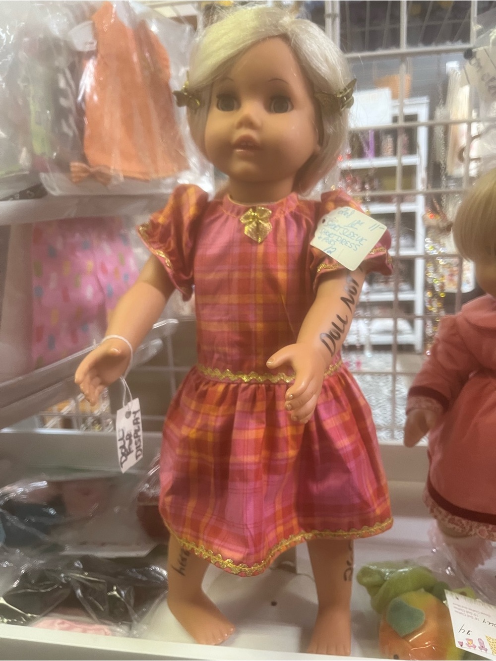 Classic Hand Crafted Original Pink Plaid American Girl Doll Dress with Gold-Trim